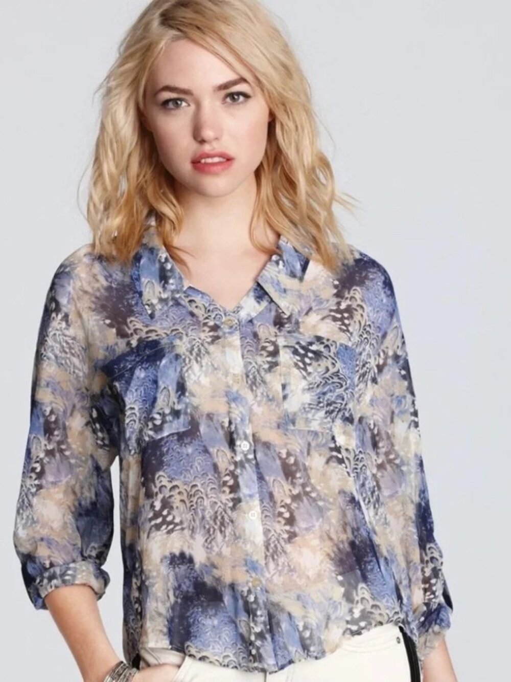 Free‎ People Blue Cream Sheer Animal Print Button Down Long Sleeve Top